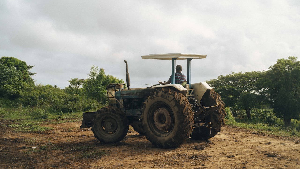 Man driving a tractor on a rural farm field surrounded by greenery.